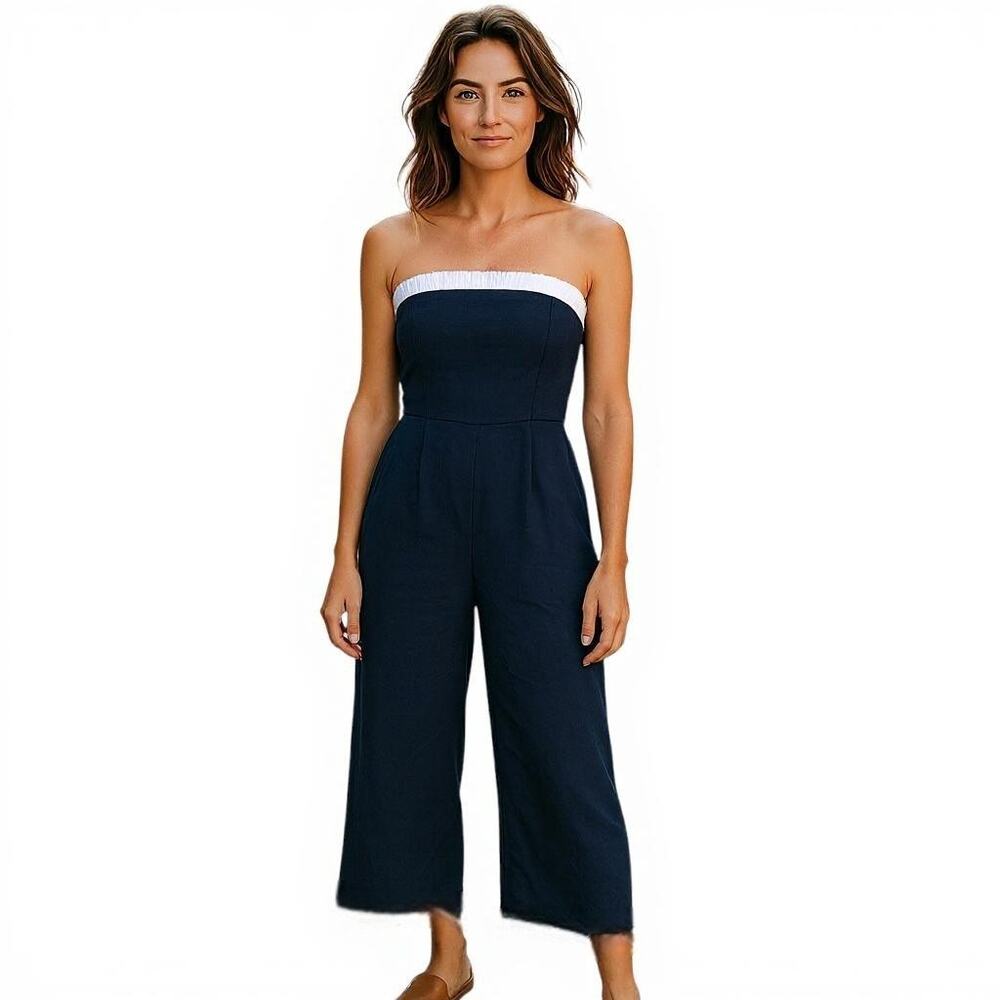 Monteau Los Angeles Jumpsuit Women's Medium‎ Strapless Linen Blend Navy Smocked
